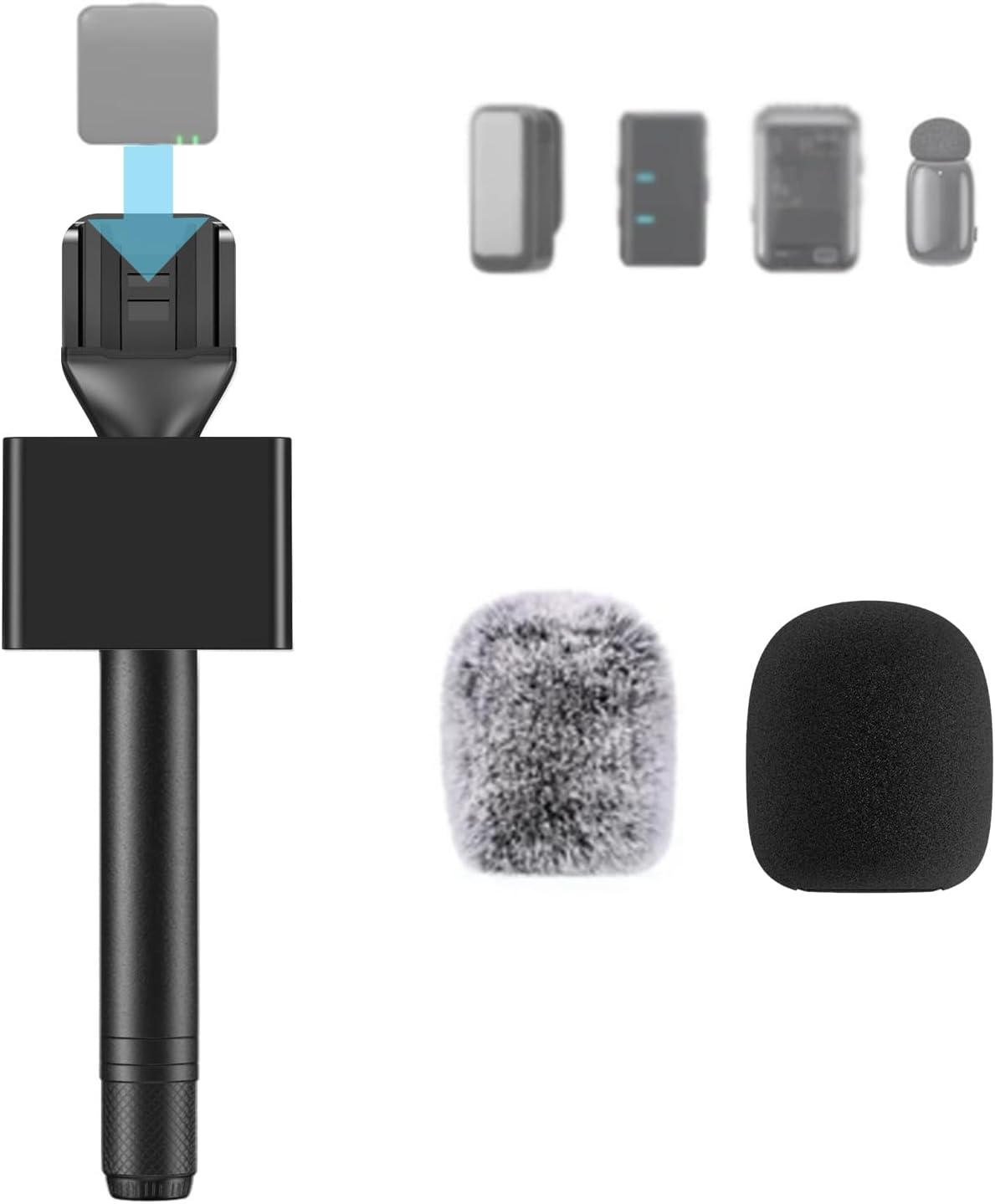 ZealSound Handheld Interview Microphone Adapter, Wireless Lavalier Transmitter Handle with Flag, Furry Windscreen & Foam, Compatible with DJI Mic Mini/Mic 2/3, Rode Wireless GO 2/3, Hollyland, BOYA